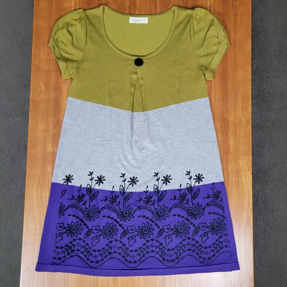 Short Sleeve Olive Grey Purple Floral Color Block Knit Dress - XS - Picture 3 of 9